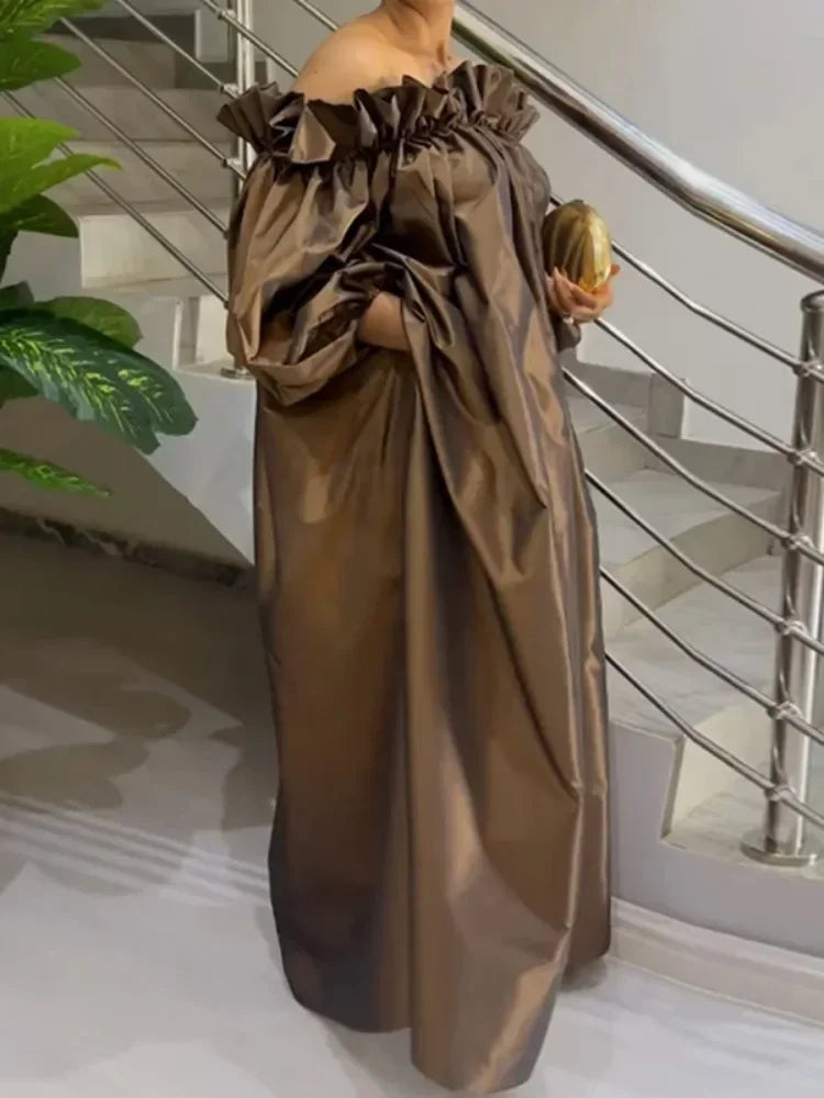 Off-Shoulder Evening Maxi Dress – Puff-Sleeve Pleated Gown