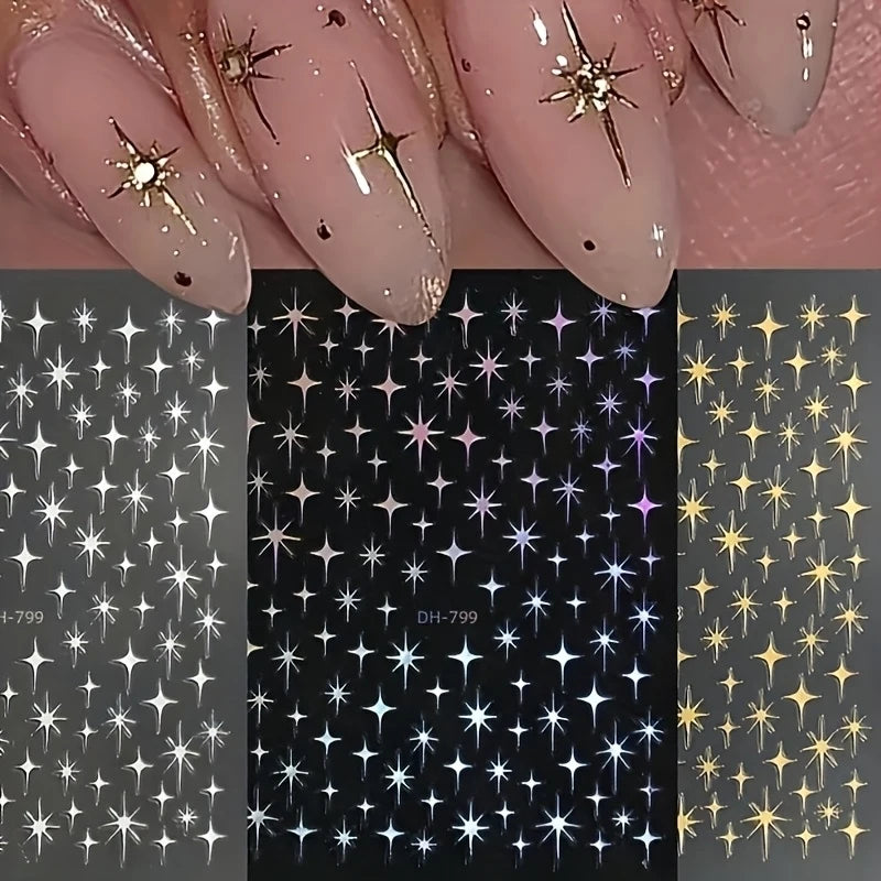 3 Set of Metal Laser Starburst Nail Art Stickers, Disposable Self-Adhesive Nail Stickers for Women DIY Artistic Decorative Acces