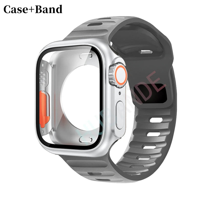Silicone strap For Apple Watch 44mm 45mm 41mm 40mm Bracelet+Screen protectores Change to Ultra For iWatch Series 9 8 7 SE 6 5 3
