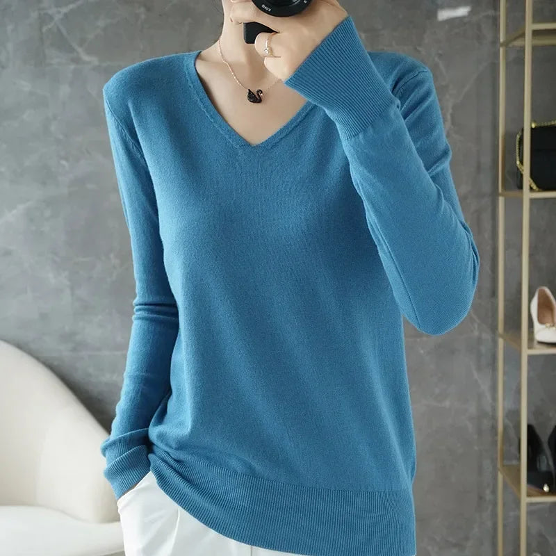 Women Sweater 2026 Spring Autumn Warm Winter Slim Fit Bottoming Shirt V-neck Korean Knitted Tops Casual High Strecth Jumpers