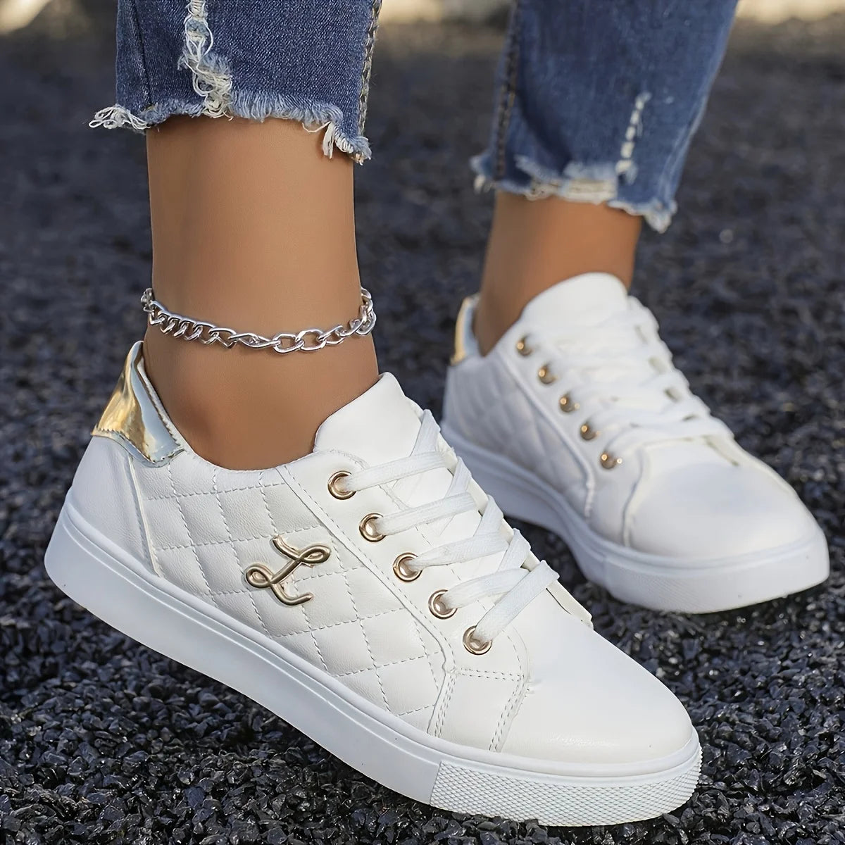 Gold-Embellished Sneakers for Women — Lightweight Lace-Up Low-Top Casual Shoes