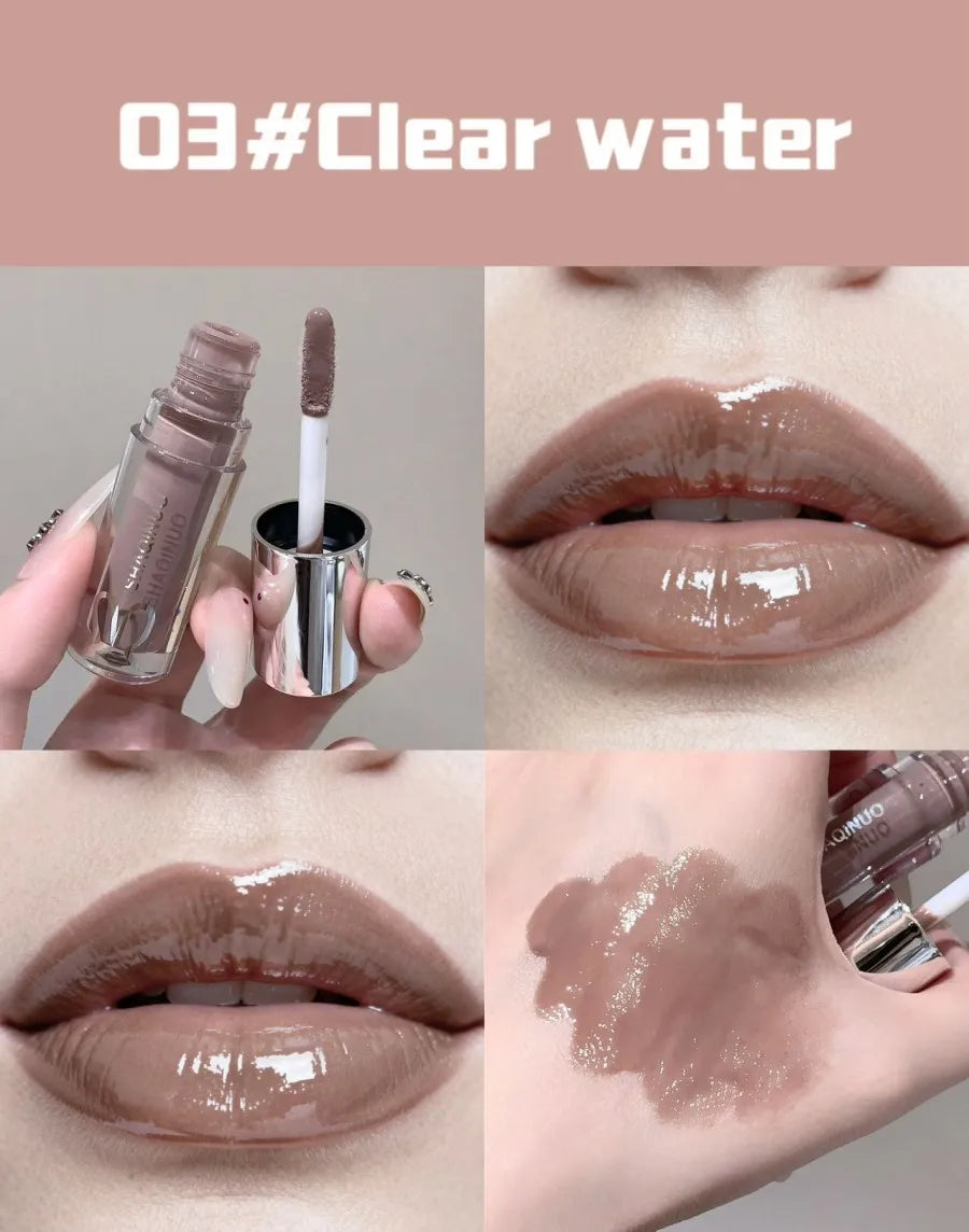SHAQINUO Water Light Mirror Lip Gloss Lasting Moisturizing Cool Black Silver Gray Pearlescent Fine Sparkling Lipstick Lip Oil