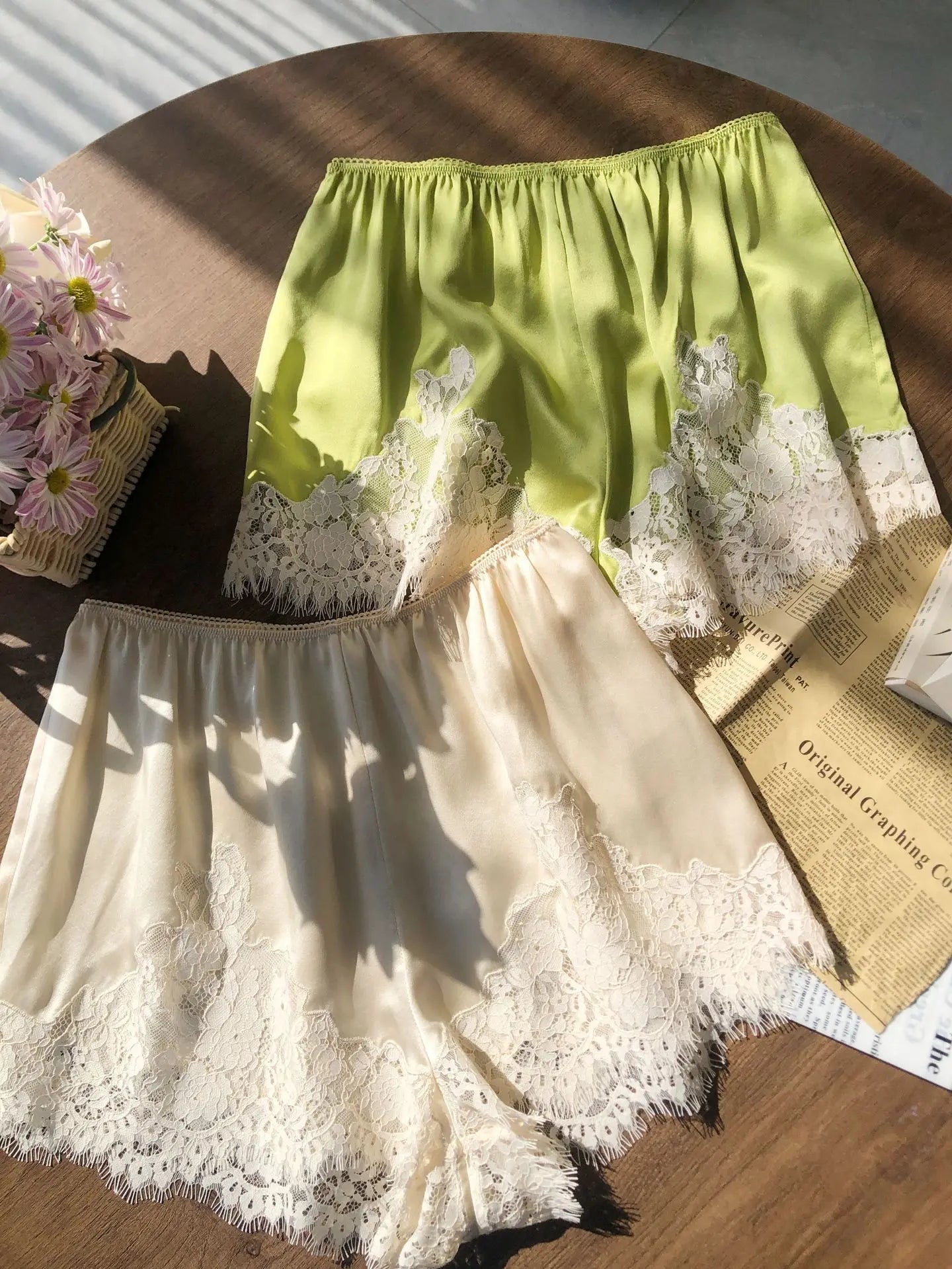 Soft Satin Lace Romantic French Lace Embroidered Satin Silk Sleeveless Vest Shorts