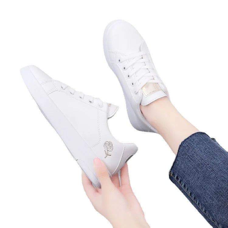 Embroidered Floral Sneakers for Women — Breathable Lace-Up White Tennis Shoes
