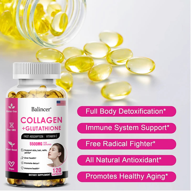 Bcuelov Glutathione & Collagen Supplement – Antioxidant Whitening Capsules for Skin Health, Hair, Nails & Anti-Aging | 30/60/120 Count