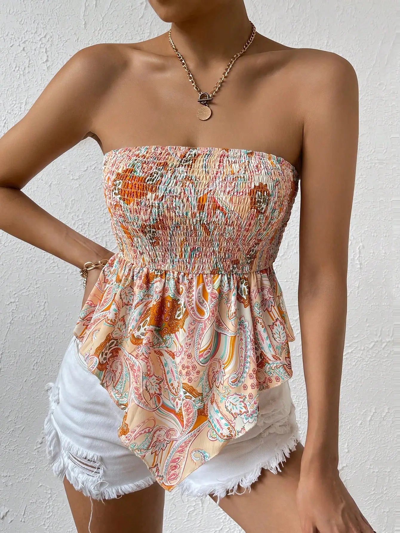 Cross border hot selling for European American women full width printed irregular hem sexy strapless collection summer top