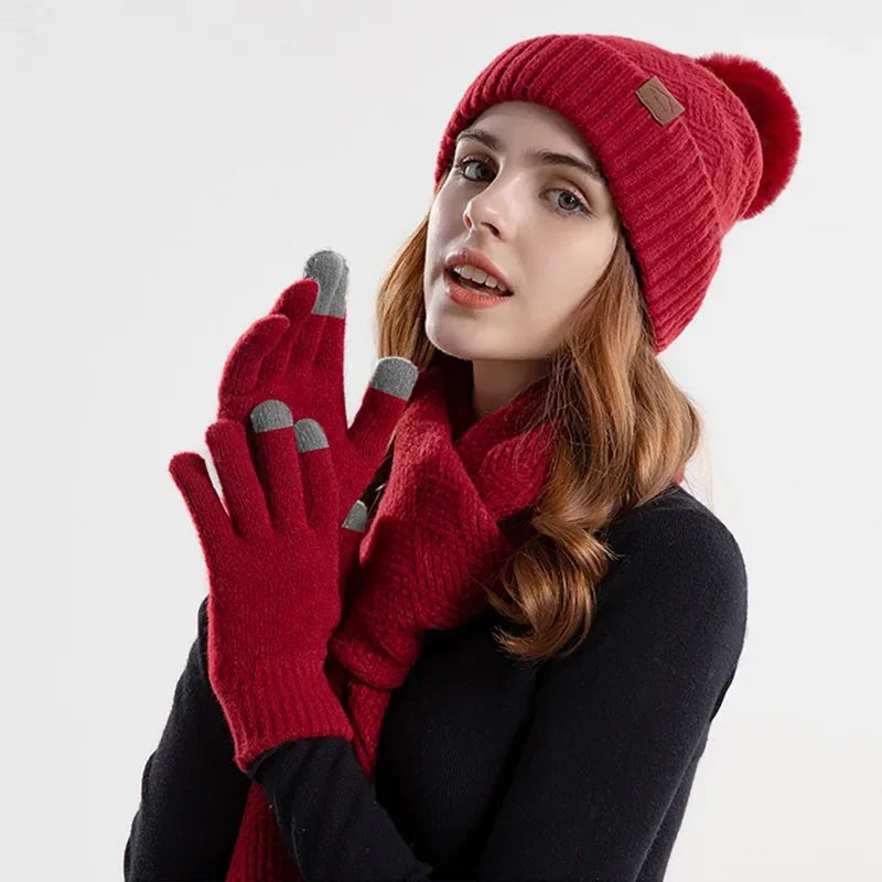 Women's Pom Pom Beanie, Scarf & Touchscreen Gloves - 3 Piece Set - photo 9