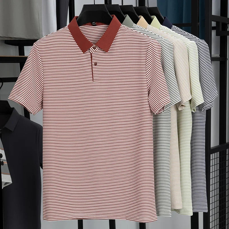 Men's Fine-Stripe Lapel Polo - Breathable Mesh, Soft Stretch