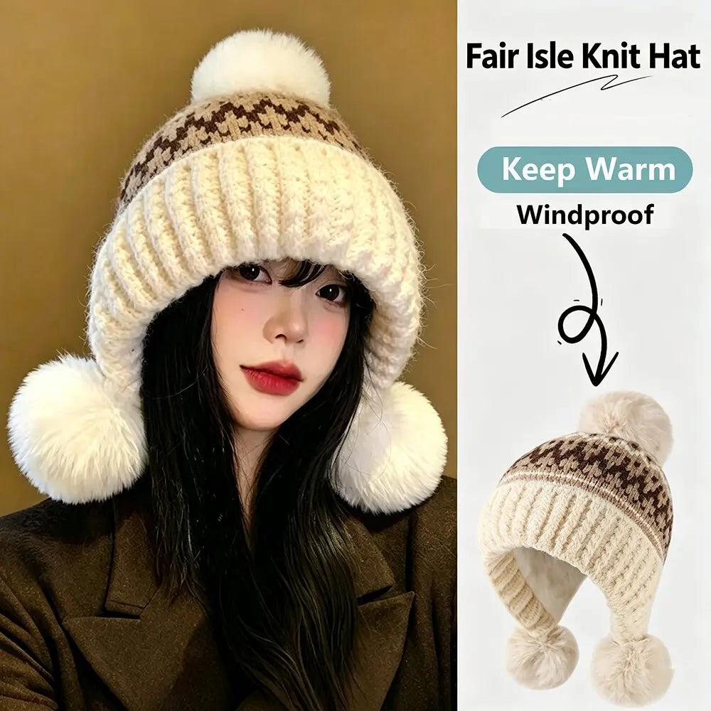 Women Winter Hat - Thickened Warm Beanie With Ear Protection Cold Proof Knitted Cap For Christmas Gifts Red Grey