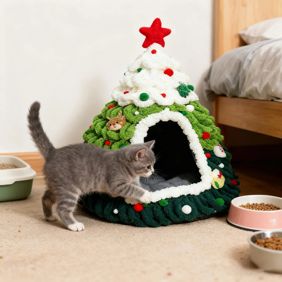 Christmas Tree Knit Cat Cave Bed - Winter Shelter