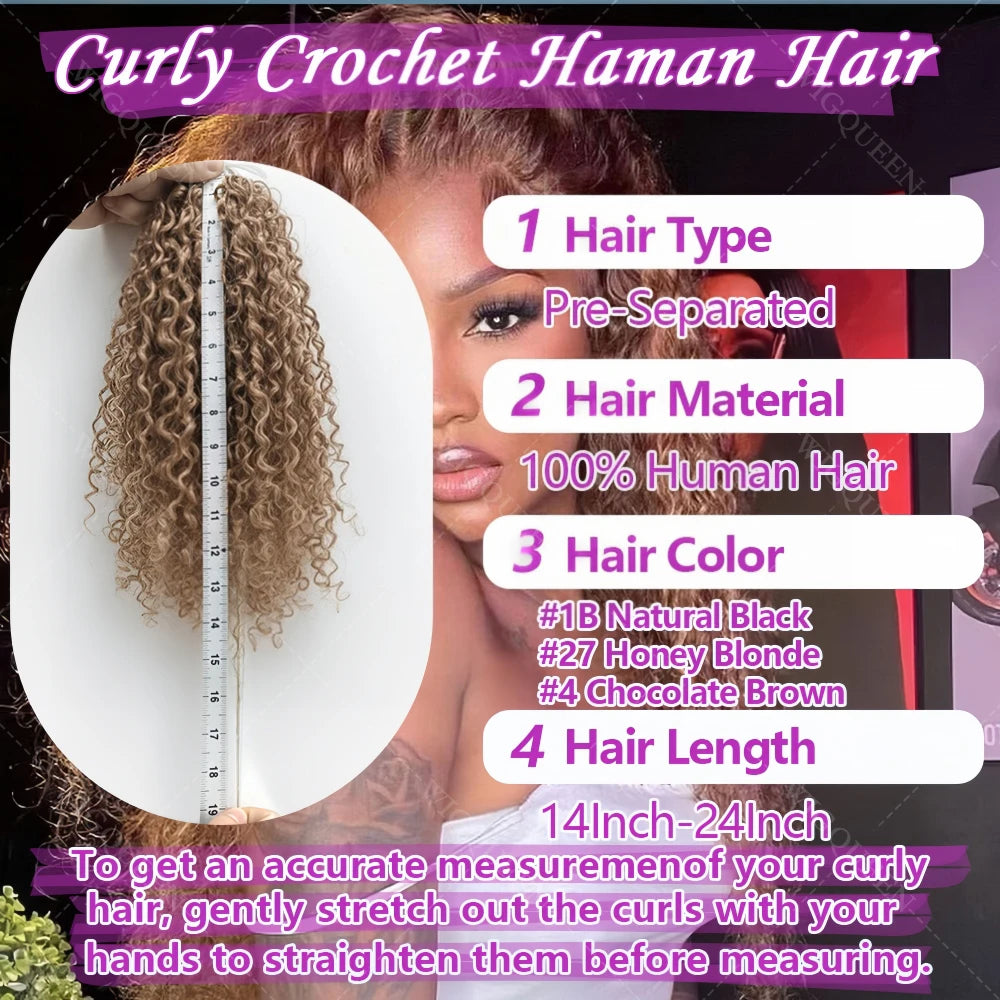 12A Deep Wave Crochet Hair Honey Blonde Highlight Ocean Wave Crochet Bulk Human Hair Extensions Curly Crochet Hair With String