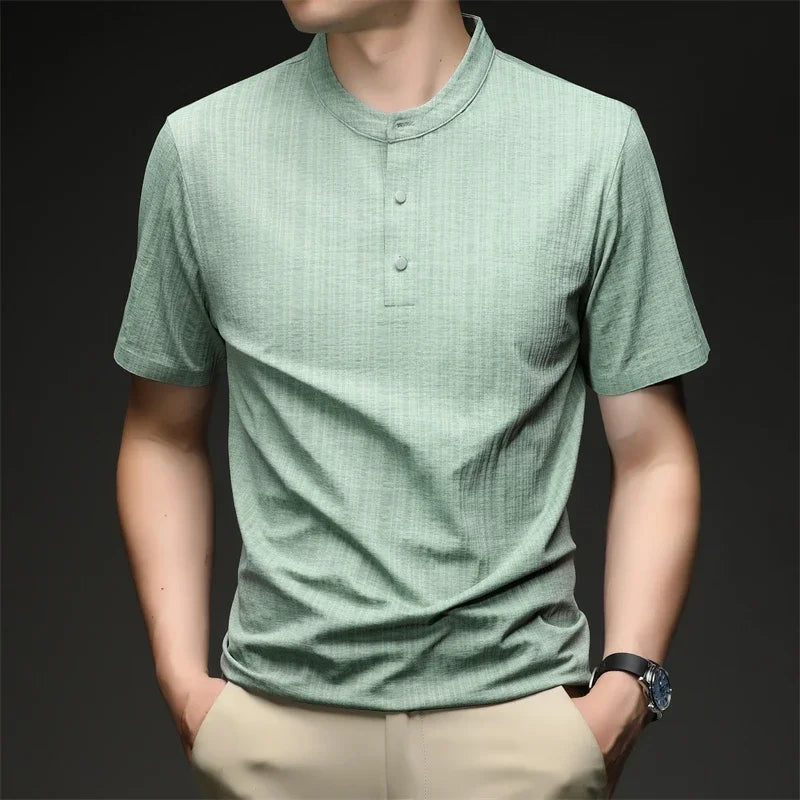 Men's Mandarin Collar Henley - Three-Button, Breathable Slim Fit