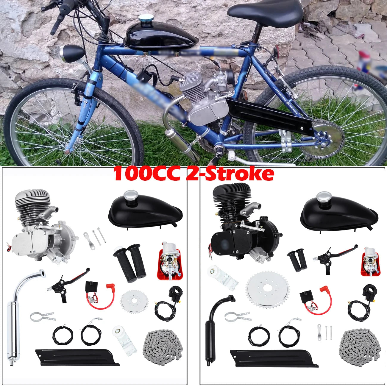 100CC Bicycle Engine Kit 2 Stroke Pocket Bike Engine For DIY Electric Bicycle Complete Engine Silver/Black Color Ship from US