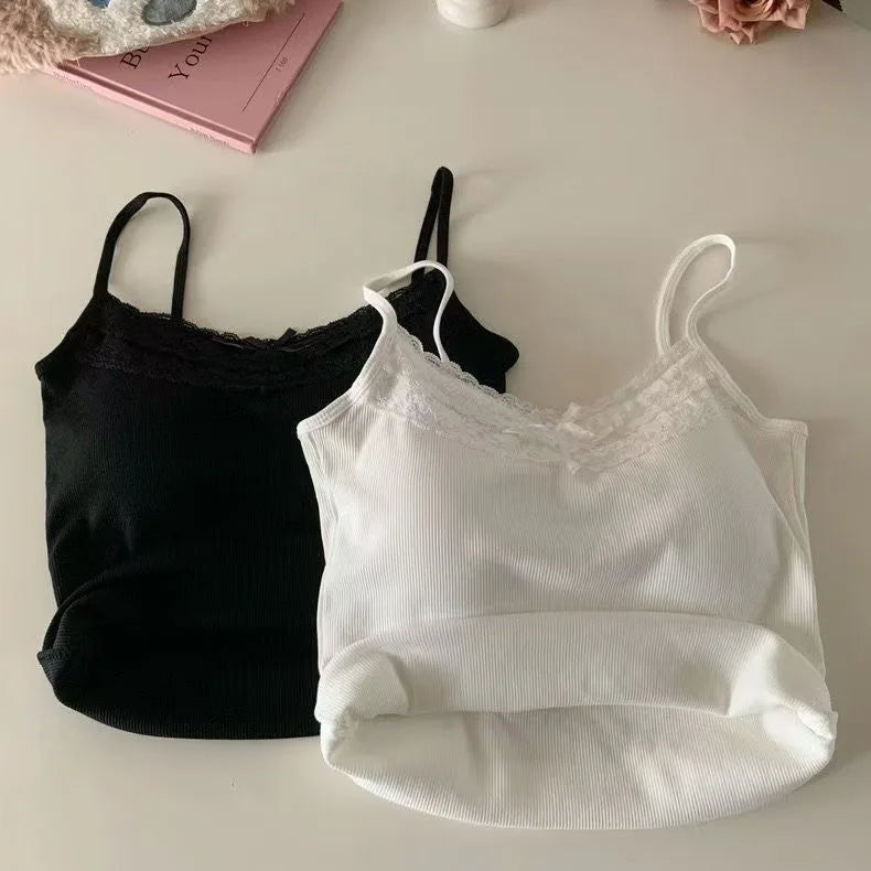 Sexy White Knit Camisole Lace Tank Top Cropped Vest Women's Sleeveless Crop Tops with Chest Pad Y2k Cute Summer Slim Undershirt