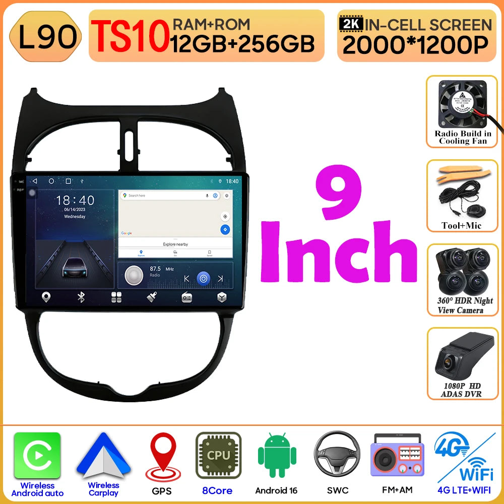 Android 16 Car Radio For Peugeot 206 206CC 1998-2012 Car Stereo Bluetooth 4G Wifi GPS Navigation Screen Wireless Carplay Monitor