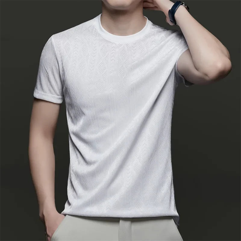 Men's Ice-Silk Jacquard Tee - Crew Neck, Cool-Touch Hollow Mesh