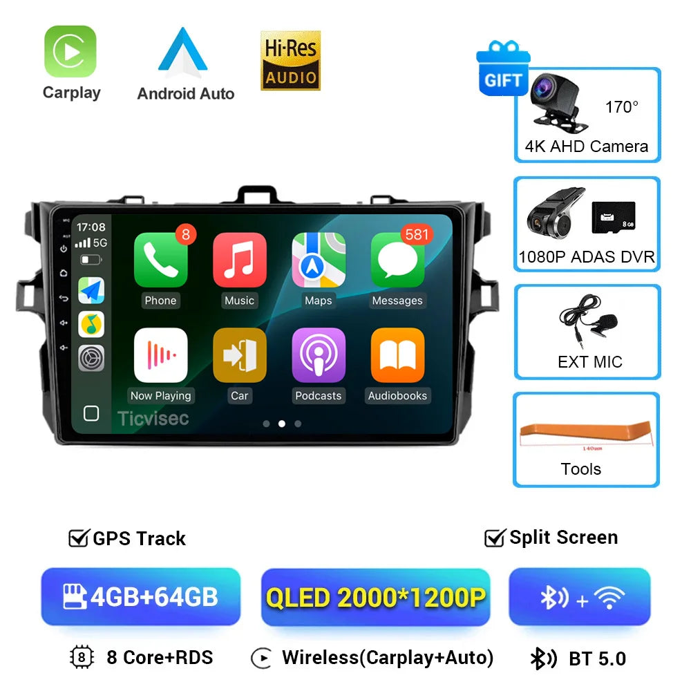 Android 16 Car Radio 4G+WIFI for Toyota Corolla E140/150 2007 2008 2009 2010 2011 2012 2013 Multimedia Player 2 Din DVD Speakers