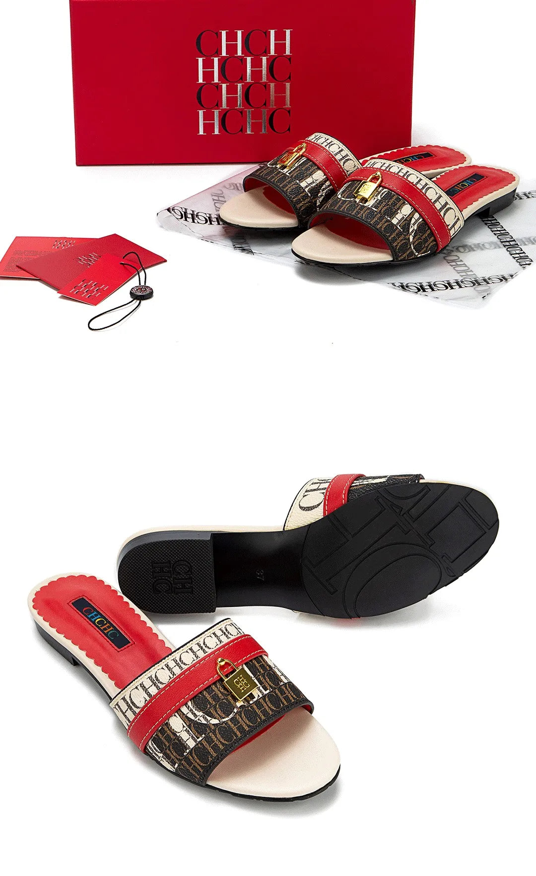 CH High Quality Metal Lock Monogram Print Women's Low Heeled Slippers Delicate and Versatile Women's Fashion Slippers