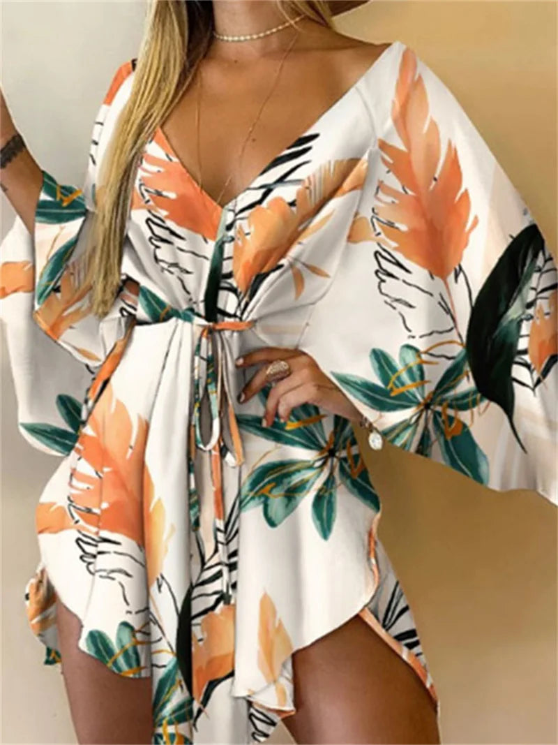Women's Floral Print Bohemian Beach Sundress – V-Neck Bat Sleeve Ruffle Loose Summer Mini Dress