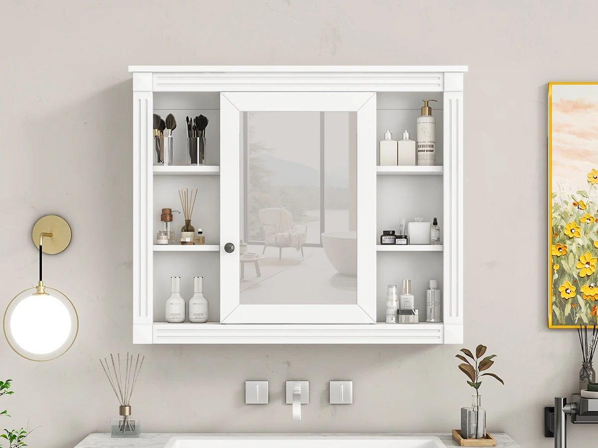35'' x 28'' Wall Mounted Bathroom Storage Cabinet, Modern Bathroom Wall Cabinet with 6 Open Shelves And Mirror