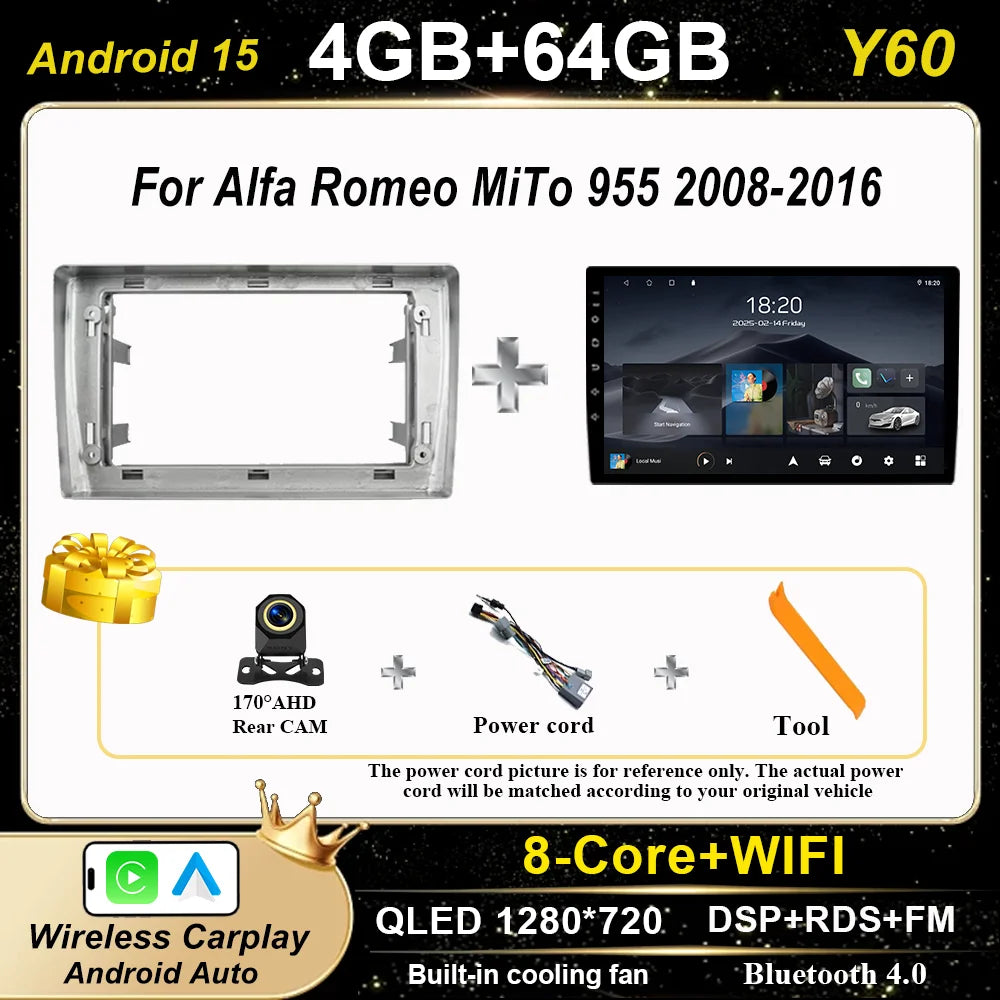 Android 15 Car Radio Stereo For Alfa Romeo MiTo 955 2008-2016 Auto Cireless Carplay GPS Navigation Multimedia Video Player 2Din
