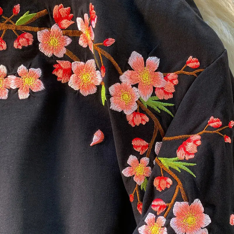 Aesthetic Japan Style Cherry Blossoms Embroidery T Shirts Sexy Women Girls Cotton Summer Tee Tops O-neck Loose Casual Harajuku
