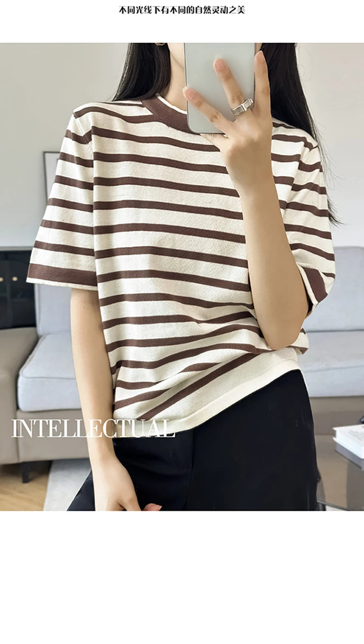 Summer new 100% pure cotton knitted short sleeved casual women's T-shirt round neck loose Tees striped pullover Tops cool