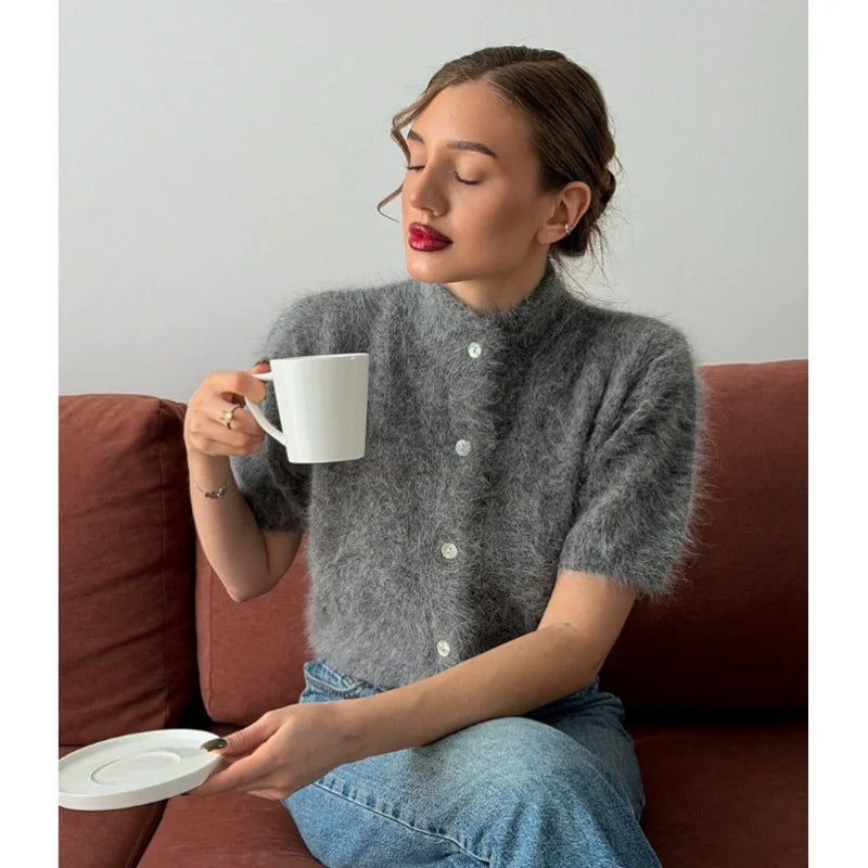 Women's Elegant Cardigan Short Sleeved Fashionable Single Breasted Plush Slim Fit Top Casual Daily Wear Sweater Solid Knitted