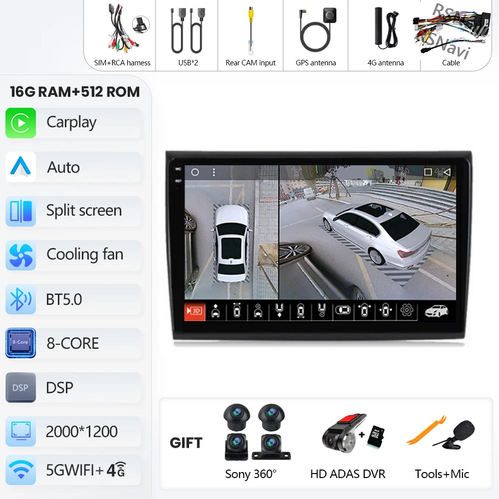Car Stereo with Apple CarPlay & Android Auto, Compatible with Fiat Bravo 198 II (2007-2014)