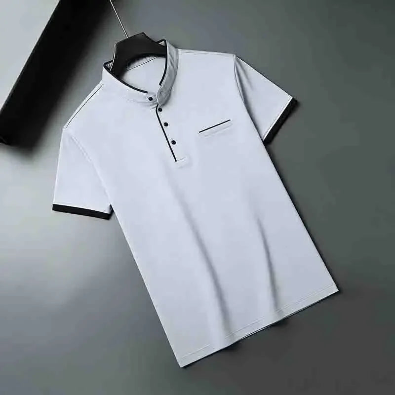 Men's Mandarin Collar Polo - Short Sleeve Pocket, All-Season Pullover