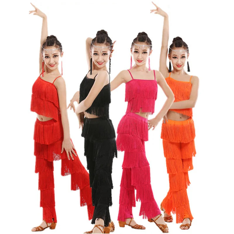 Fringe top and pants Latin dance set for kids and adults