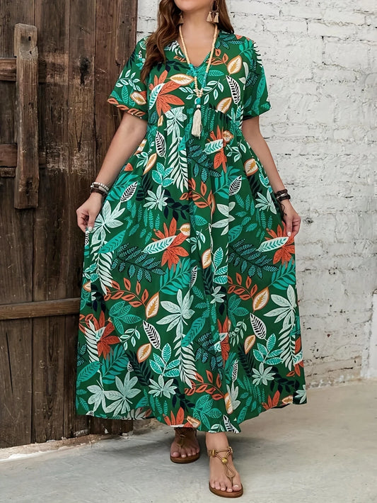 Plus Size Boho Tropical V-Neck Dress – Beach Maxi