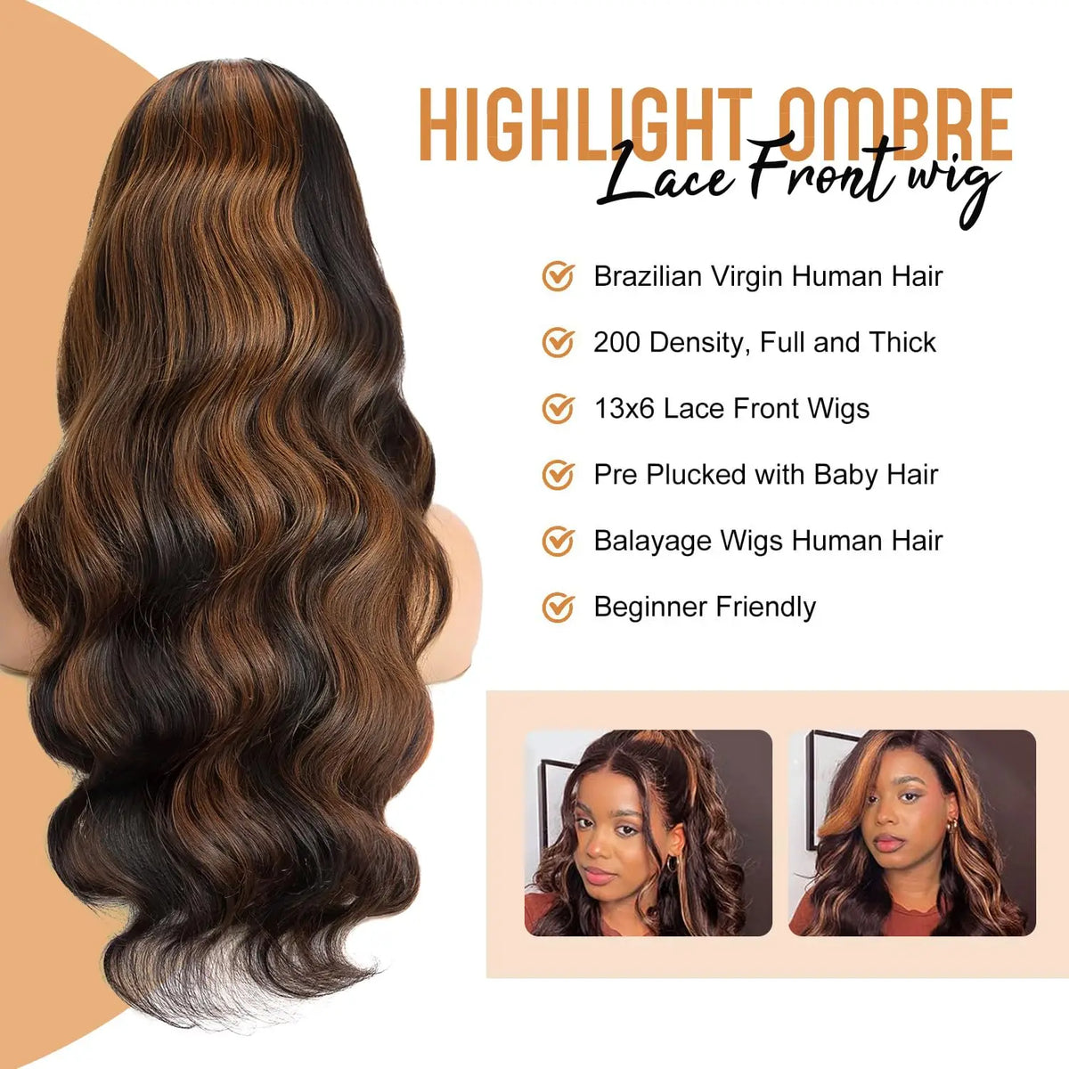 1B/30 Highlight 13x6 Lace Front Human Hair Wigs Ombre Black Brown Colored Preplucked Body Wave Lace Frontal Wig For Women 30Inch