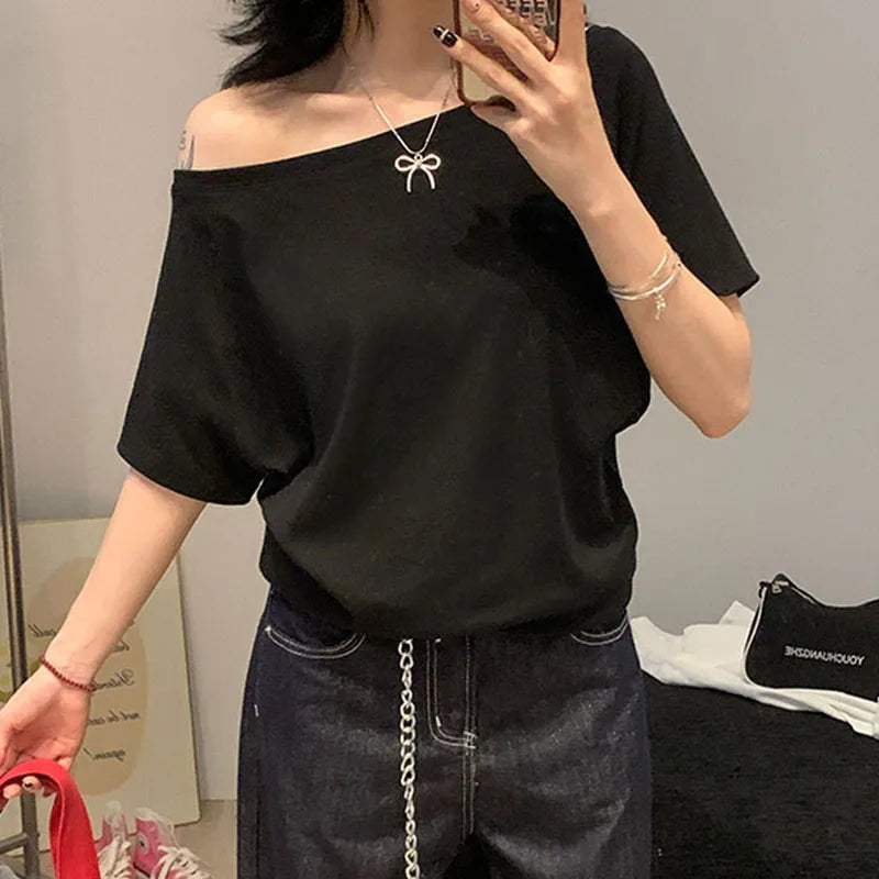Women's Solid Skew-Collar T-Shirt — Slim-Fit Short-Sleeve Summer Tee