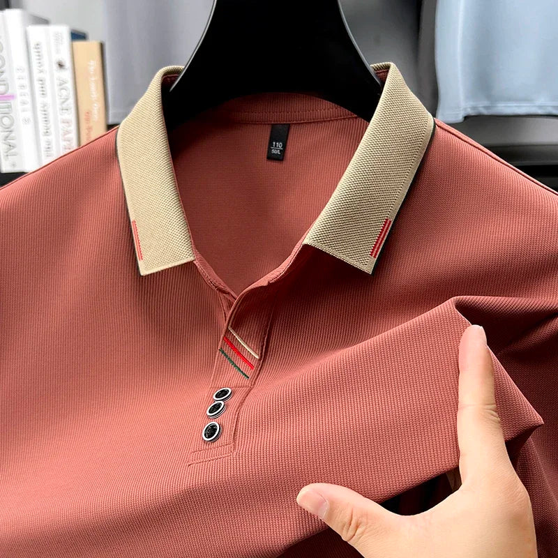 Men's Lapel Polo - Decorative Stripe Placket, Breathable Mesh