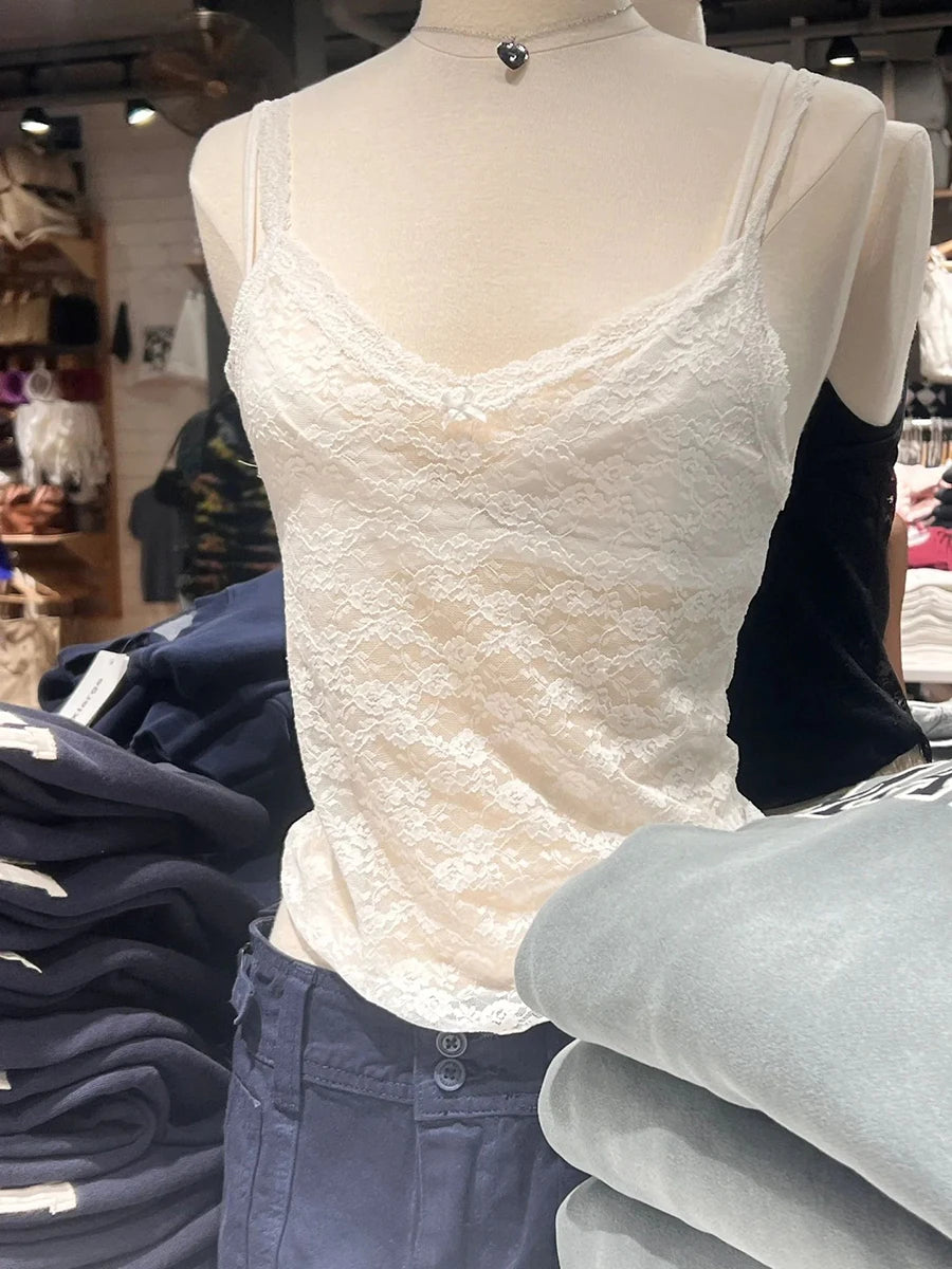 New Blue Lace Transparent Tank Tops Summer Bow Sexy V Neck Sleevless Slim Thin Camis Women Vintage Solid Sweet Mesh Crop Top