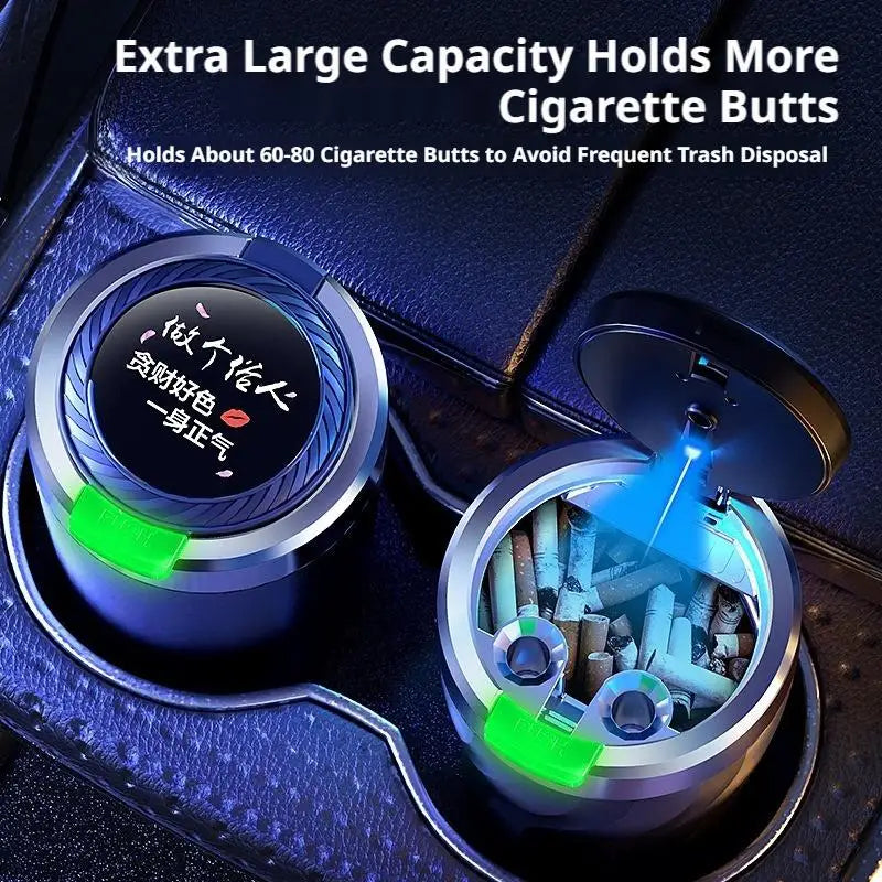 Portable Car Ashtray with LED Light Metal Liner Auto Ash Tray Large Capacity One-Click Open Interior Accessories