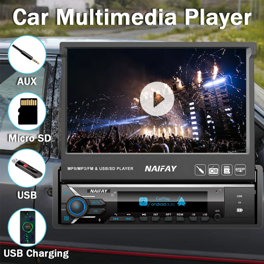 7" 1-DIN Retractable Touchscreen Car Stereo — CarPlay, Android Auto, Rear-View Camera, Bluetooth, USB/AUX/TF