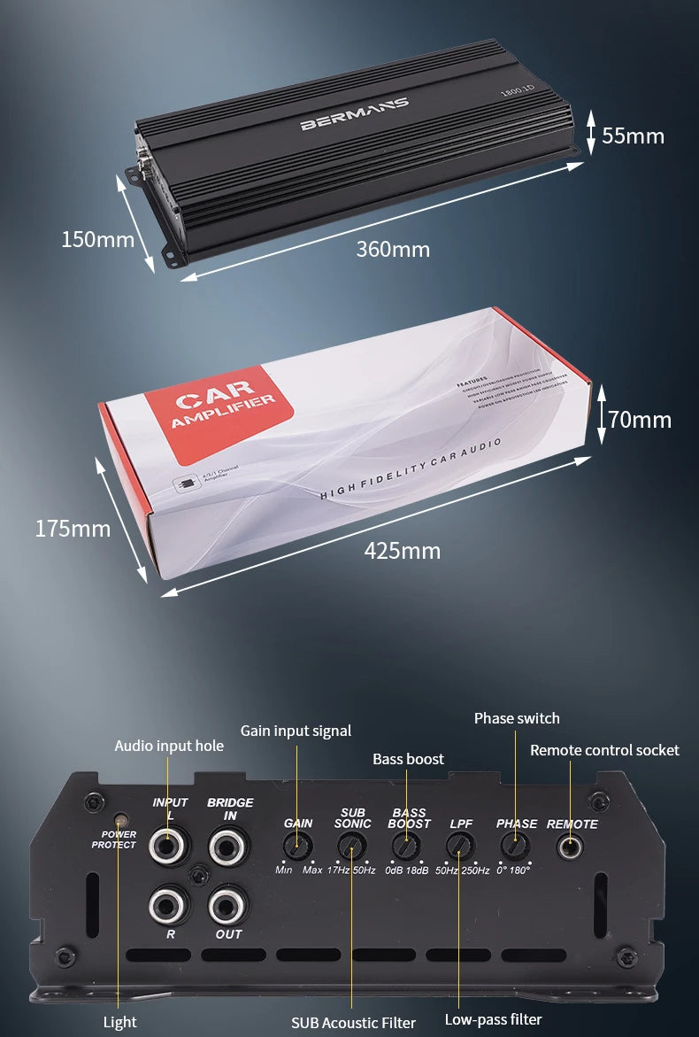 Car Max 1500W single-channel car audio amplifier, low distortion, smooth sound quality, Class D high-power car power amplifier,