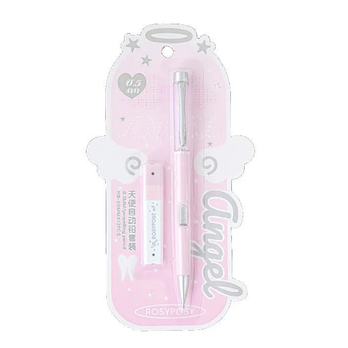 Angel Automatic Lead Set High Appearance Girl Heart Shiny Crystal Pen Holder 0.5HB Student Button Pencil and Lead Core