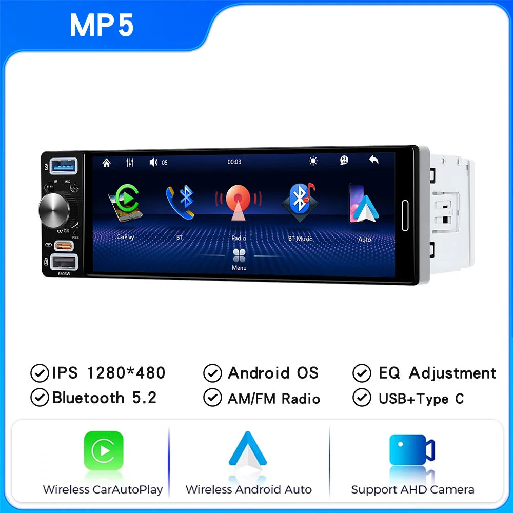 6.86" 1-DIN Car Stereo with Wireless CarPlay & Android Auto — Touchscreen MP5, Bluetooth, FM/AM, USB-C