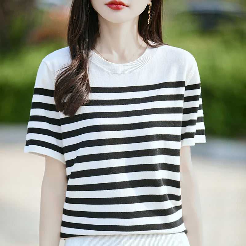Pure Cotton Hollow Short-Sleeved Ladies Spring And Summer Loose Slim New Joker Knit Bottoming T-Shirt