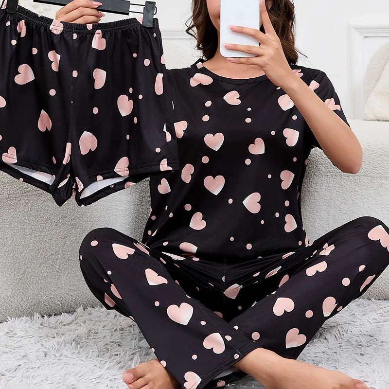 Women's 3 Piece Pajama Set - Crew Neck Top, Shorts & Long Pants - photo 9