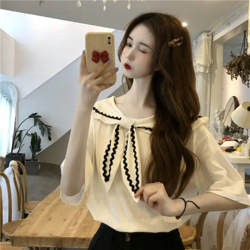 Sailor Collar T-shirts Women Baggy Kawaii Clothes Panelled Temper Designer Aesthetics Japanese Stylish Summer Vintage Футболка