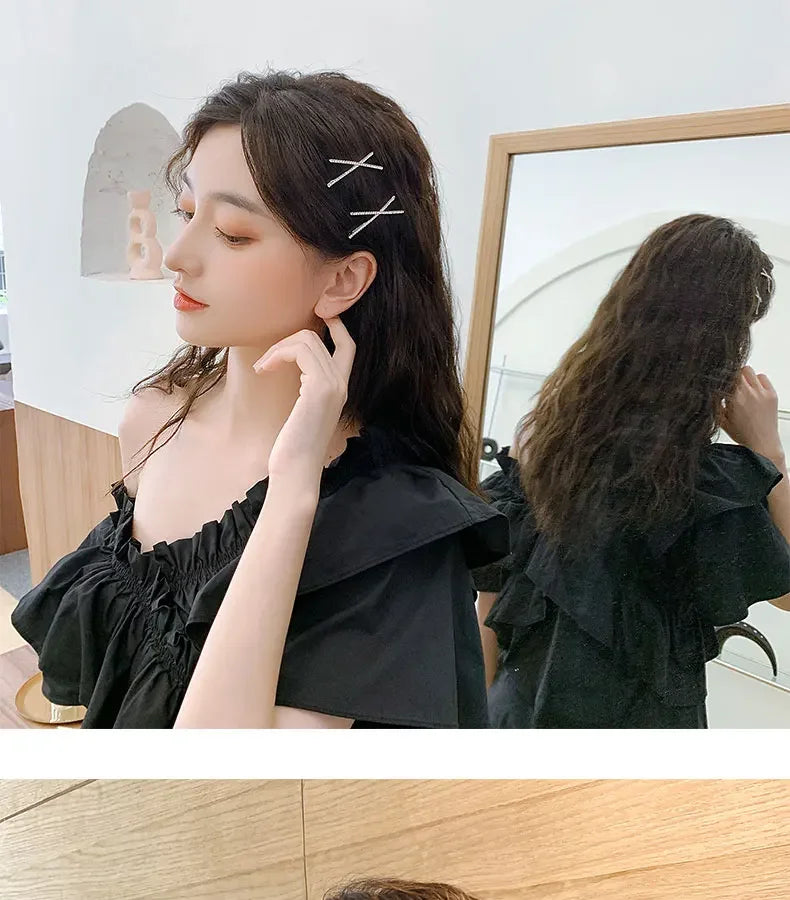 2pcs Cross Crystal Hairpins Rhinestone X Hair Clips Barrettes Simple Side Clip Bridal Headwear Girl Fashion Hair Accessories New