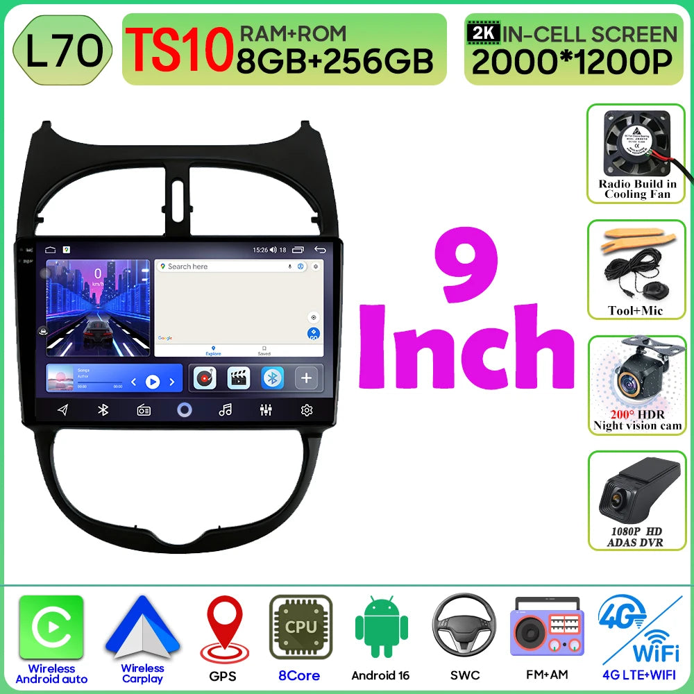 Android 16 Car Radio For Peugeot 206 206CC 1998-2012 Car Stereo Bluetooth 4G Wifi GPS Navigation Screen Wireless Carplay Monitor