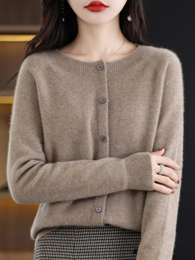Women Cashmere Sweater 100% Merino Wool Knitted Cardigan Autumn Winter Knitwear O-Neck Female Solid Color Casual Fashion Top