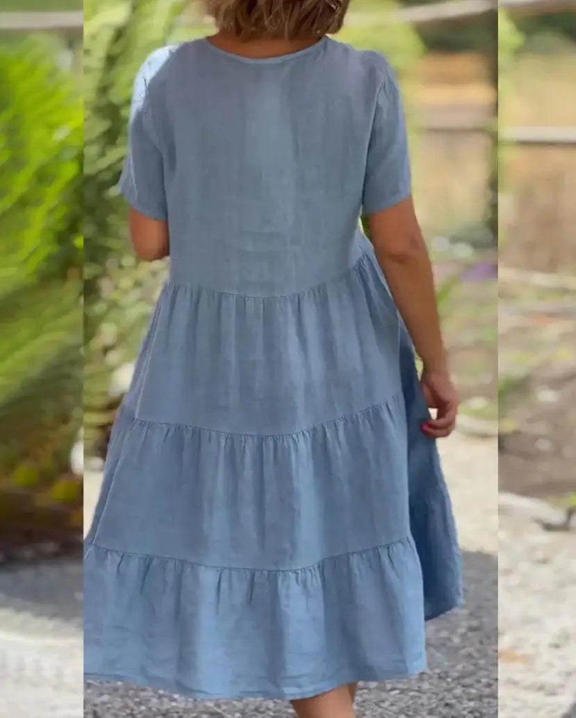 Cotton Linen Casual Women's Dresses 2026 Spring/Summer Sweet  Short Sleeve Solid V-neck Large Swing Loose Dress  S-5XL