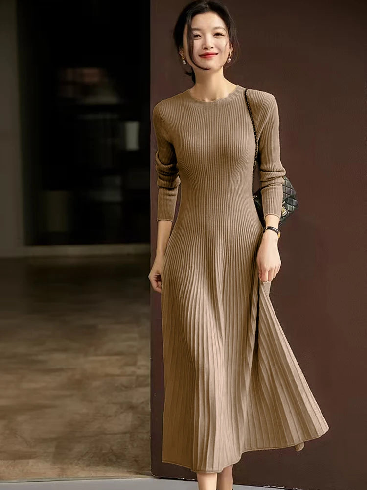 Women Sweater 100% Merino Wool Dress A-Line Pleated Skirts Spring Autumn Pullover Cashmere Thin Slim Flare Dress O-neck Knitwear