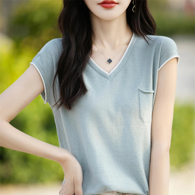 100% pure cotton T-shirt women's knitted patchwork short sleeved casual V-neck Tees summer basic loose Tops versatile pocket